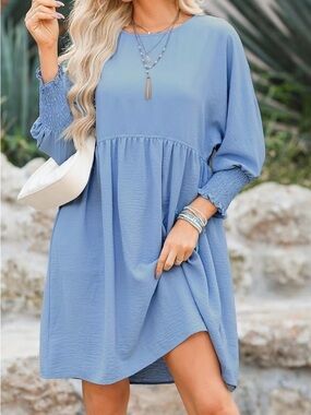 Light Blue Smocked Babydoll Dress - Women